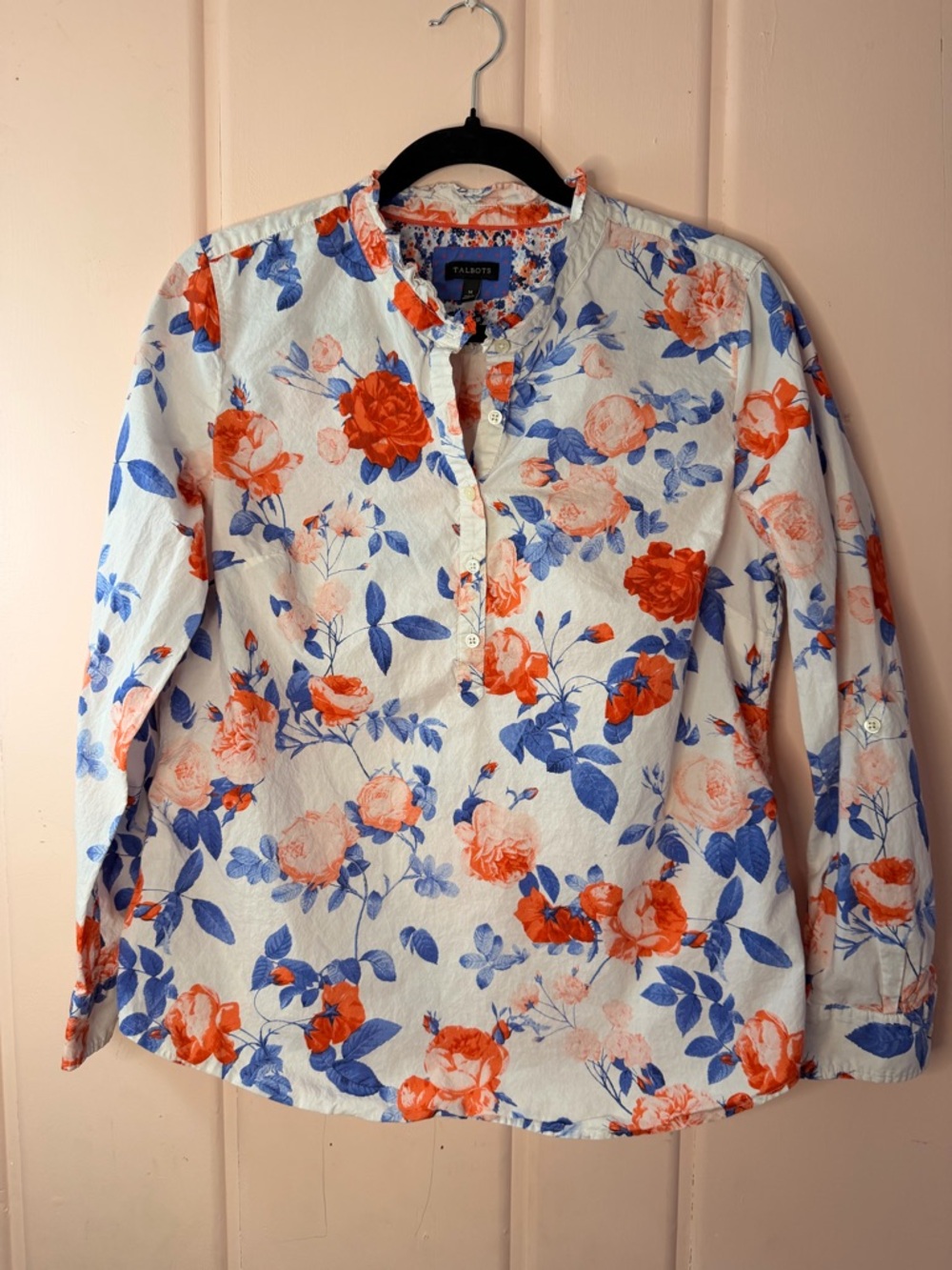 Talbots White Floral Popover Blouse with Orange & Blue Roses Sz medium